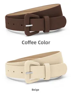 Detail view of coffee and beige texture leather belts with matching square buckles