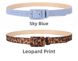 Detail showing sky blue frosted belt and leopard print belt with rectangular buckles