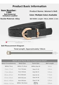 Size chart for women's PU leather belt showing length options from 95cm to 125cm