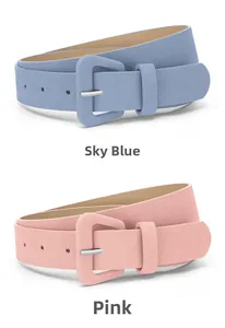 Detail of light blue and pink leather belts with matching square buckles for women