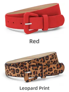 Detail view of stylish women belts with fabric-covered square buckles in red and leopard print