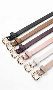 Close-up showing six high-quality cowhide leather belts with gold alloy buckles in various colors