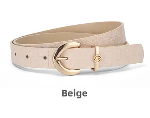 Detail of beige women's PU leather belt featuring crocodile embossing and gold metal buckle