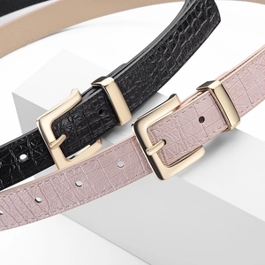 Women's crocodile pattern leather belt with gold square buckle in black and pink
