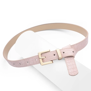 Fashionable light pink faux leather belt with crocodile pattern and gold square buckle