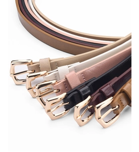 Detail showing high-quality PU leather belts with polished gold alloy buckles in six colors