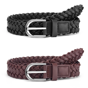 Retro woven leather belt with vintage horseshoe buckle for women in black and brown