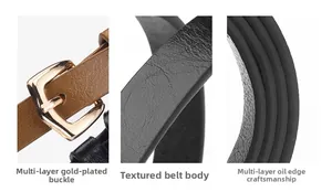 Detail of gold-plated buckle and oil-edged texture of the slim PU leather belt