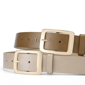 Minimalist wide PU leather belts for women with rectangular gold buckles in brown and beige