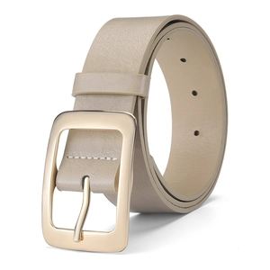 Minimalist women's khaki beige PU leather belt featuring a classic golden square buckle