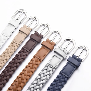 Women's woven faux leather belts set with round silver buckles in six diverse colors