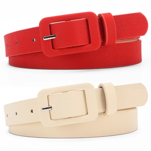 Red and beige leather belts with matching fabric-covered buckles for women's fashion