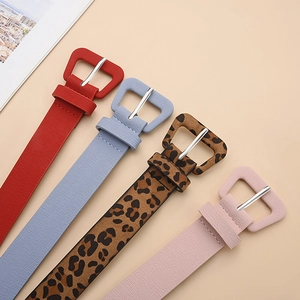 Fashionable women's faux leather belt set in red, blue, pink, and leopard print colors