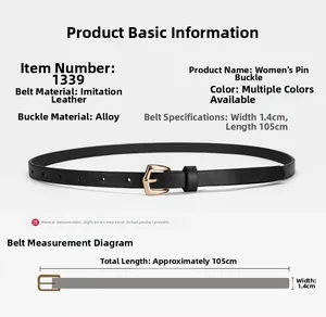 Size chart and measurement details for women black 1.4cm wide faux leather pin buckle belt