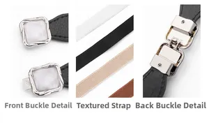 Detailed views of elastic waist belt with silver square buckle and colorful strap options