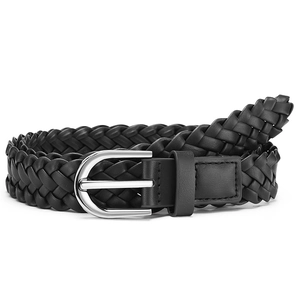 Women's black braided leather belt with a vintage silver pin buckle for casual jeans