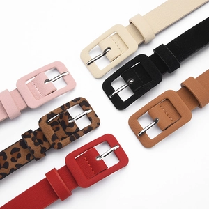 Slim women's leather belts with square color-matched buckles in various stylish colors