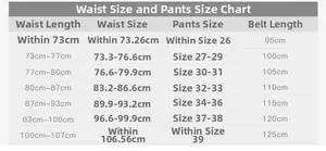 Size chart showing women's belt length conversion for waist sizes from 73cm up to 107cm