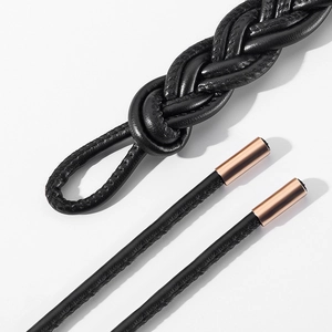 Adjustable woven black leather belt with gold metal aglets for dresses and sweaters
