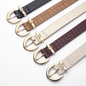 Women's narrow PU leather belts with crocodile texture and gold buckles in five colors