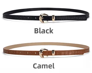 Détails de ceintures fines à motif crocodile noir et camel avec boucle dorée