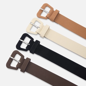 Minimalist women's leather belts with square covered buckles in four assorted colors