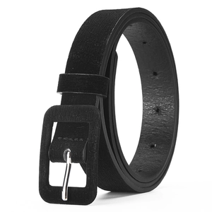 Classic black leather belt with textured finish and matching rectangular pin buckle for women