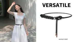 Versatile black braided waist belt with elegant rose gold metal tips for dresses