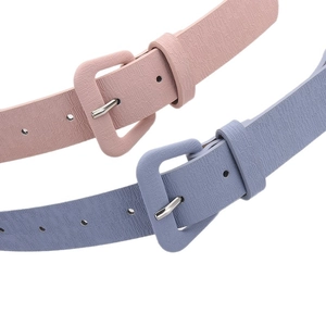 Minimalist stylish women leather belt with color-matched buckle and silver pin in pink and lilac