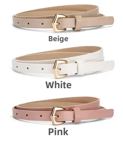 Detailed view of beige, white, and pink slim PU leather belts with gold pin buckles
