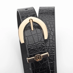 Women's black PU leather belt with crocodile texture and gold semicircular pin buckle