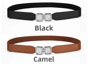 Detail of black and camel elastic waist belts with silver square metal buckles