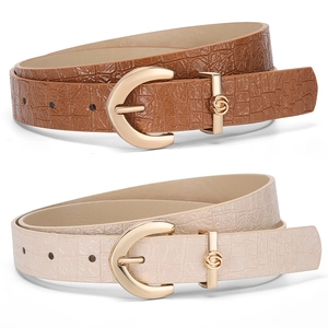 Women's faux crocodile leather belts in brown and beige with golden horseshoe buckles
