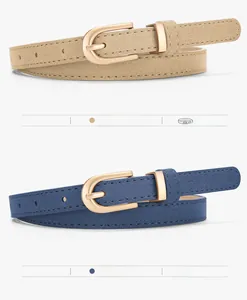 Dettagli di cinture sottili in PU kaki e blu navy con fibbie a ferro di cavallo oro