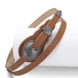 Vintage Women Carved Pin Buckle PU Leather Thin Belt Retro Bohemian Style Waist Strap For Dress Decoration Fashion Waistband