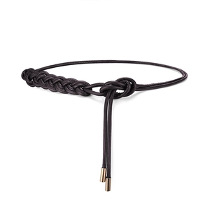 Women's Braided PU Leather Thin Waist Belt Adjustable Retro Knotted Waist Rope With Metal Tips For Dress Sweater