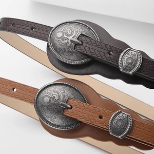 Vintage embossed wide belt for women with ornate silver buckle in brown and caramel