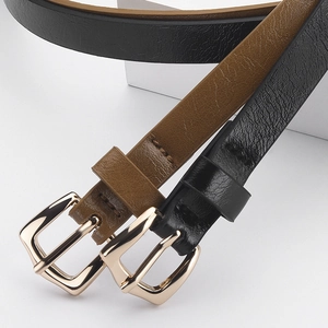 Classic black and brown PU leather belts with polished gold buckles for women