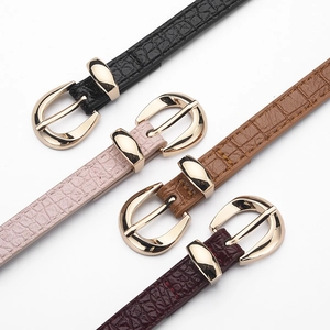 Mode Motif Crocodile Ceinture Fine en Cuir PU pour Femmes Simple Boucle en Alliage Doré Accessoire de Sangle de Taille Mince