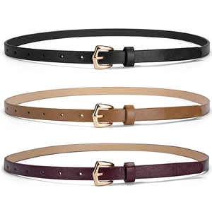 Three-piece women's PU leather belt set in black, tan and wine red with gold buckle