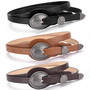 Vintage bohemian slim leather belts with embossed texture and antique metal buckles