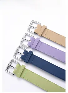Détail de quatre ceintures en daim colorées avec boucles en alliage de zinc de qualité