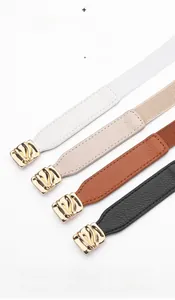 Detail of four colorful elastic leather belts with textured gold alloy buckles for dresses
