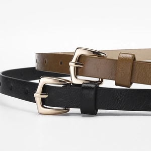 Classic black and tan women's PU leather belts with gold pin buckles on white background