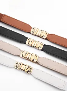 Elastic waist belts in brown, black, beige, and white with gold wavy metal buckles