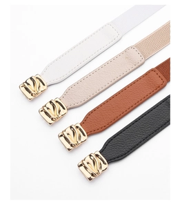 Detail showing elastic belts in four colors with textured leather and gold buckles