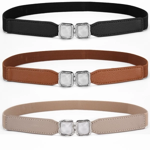 Set of three elastic waist belts in black, brown and apricot with silver metal buckles