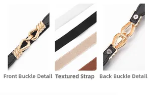 Detail view of stylish women's elastic belt with golden interlocking textured buckles