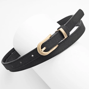 Cintura sottile in pelle PU nera da donna con fibbia metallica a U color oro opaco
