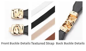 Detail of elegant wavy gold buckle and textured elastic belt in multiple colors